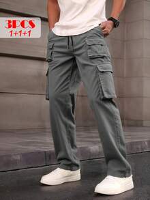 3-Pack Of Men's Stylish Overalls In Lightweight Polyester With A Casual Fit, Multiple Pockets, And A Drawstring Waist For Spring/Fall. Perfect For Spring/Fall Wear | Drawstring Waistband | Smooth Textured Fabric, Sporty Casual Pants - 藍+灰+黑 - 查看 3