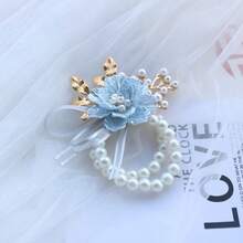 1件浅蓝色伴娘手镯花朵，弹力珍珠链手链，优雅新娘配饰，情人节配饰 - 藍色 - 查看 11