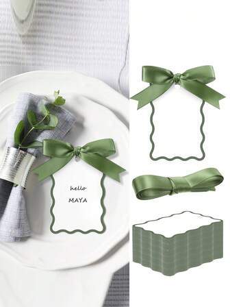 6/24/48pcs Scallop Shape Name Place Cards With Ribbons, DIY Wedding Table Number Cards, Party & Celebration Supplies (Green)