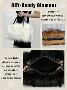 Furry Shoulder Bag For Women, Fuzzy Faux Fur Large Tote Handbag, Cute Soft Fluffy Purse Shoulder Crossbody Bag, Lightweight Puffy Hobo Bag With Compartments, Quilted Shoulder Bag, Winter Faux Fur Bag, Fuzzy Purses And Handbags - Multicolor - View 10
