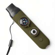 七合一生存多功能工具口哨，ABS户外安全口哨，带指南针、放大镜、信号镜、LED灯、温度计、挂绳，适用于皮划艇、划船、徒步旅行、露营、登山、钓鱼、救援。耐用的生存工具，适合冒险爱好者，户外多功能工具