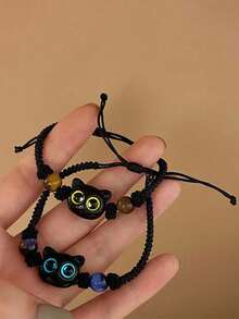 2 件装 Ins 风格编织手链，带小黑猫吊坠手链，适合情侣和女朋友 - 黑色 - 查看 7