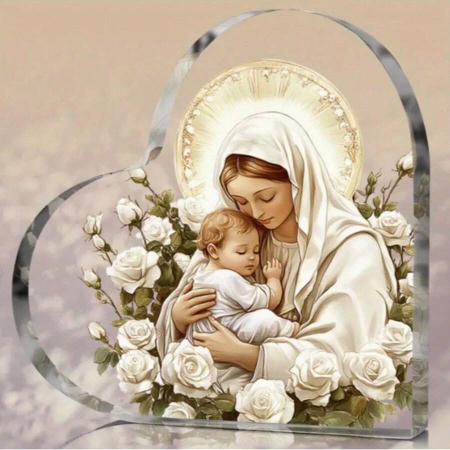 1pc Jesus And Virgin Mary Acrylic Figurine, Heart-Shaped Desktop Decor With White Rose, Suitable For Home And Office Decoration, No Electricity Required, Creative Spiritual Gift, Religious Theme, Christmas Decoration - Multicolor - View 1