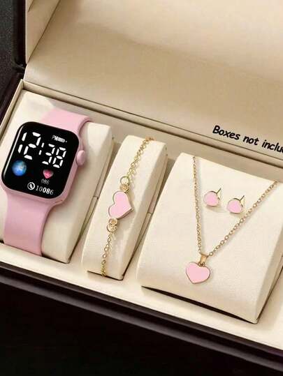 5/1 Set Of , Elegant, Romantic And Classic LED Digital Display Square Electronic Watch For Teenagers. Suitable For Girls To Wear. Comes With A Jewelry Bracelet, Ring And Earrings Set. Suitable For Students. It Is Suitable For Daily Use Such As Going Back To School, Parties And Traveling. It Is Very Suitable As A Gift For Friends, Birthday Gifts, Graduation Season Gifts. It Is The Perfect Gift For Girls And A Great Gift For Mothers.