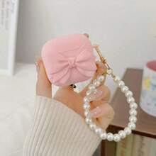 3D Pink Bow/Flower Soft Case Compatible With Apple Pro 3/4th Gen, Pro 2 Protective Cover, Suitable For Wireless Earphones, Holiday Gift - Pink Frosted Big Bow + Pearl Tag Bracelet - View 13