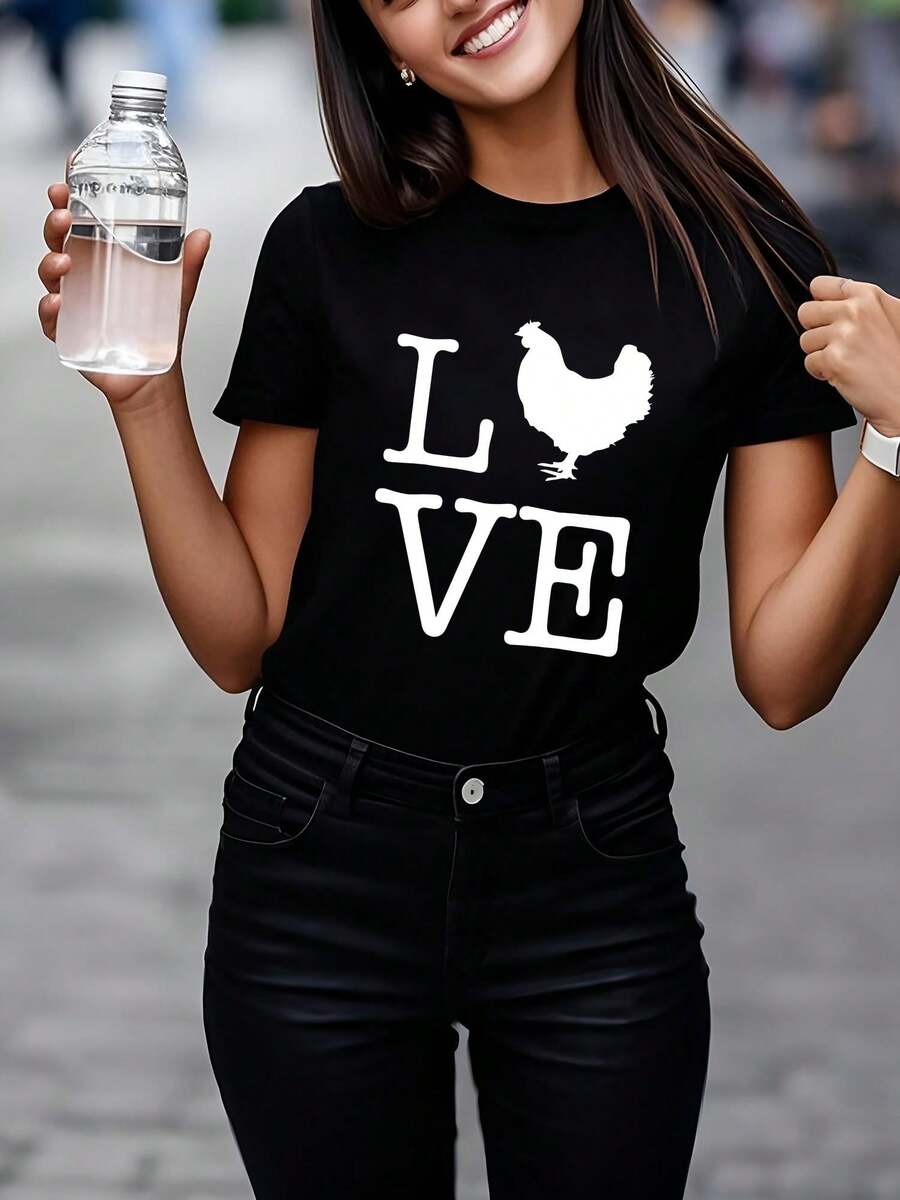 Amo a los pollos. Camiseta divertida, regalo para amantes de pollos, manga corta, diseño gráfico unisex para mujeres y hombres, top casual - Negro - Ver 1
