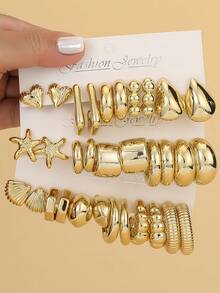 2pcs-32pcs Fashion Starfish, Shell,Pentagram Golden Earrings Set, Suitable For Travel And Holiday Wear