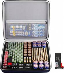 Caja de almacenamiento organizadora de batería para 48 pilas AA, 48 pilas AAA en total 96 con probador de batería, 2 bolsillos adicionales para otros accesorios - Más de 140 baterías - Ver 10