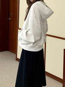 女式碎花连帽卫衣，休闲薄款上衣，优雅修身，秋季 - 灰色 - 查看 5