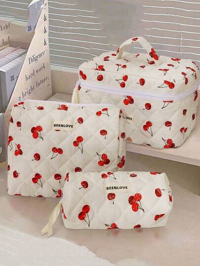 Quilted Corduroy Travel Makeup Bag, Large Capacity Fluffy Cosmetic Pouch, Women's Toiletry Storage Box, Washable, Floral Design, Portable, Women's Large Capacity Handheld Bag, Toiletry Bag, Suitable For Women/Girls Travel, Cute, Suitable As Travel Gift, Wedding Gift, Valentine's Day Gift, Bridesmaid Gift, And "Us" Series , Makeup Room Decor,Makeup Bag,Travel Essential