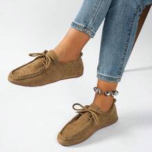 Women's Round Toe Lace-Up Soft Bottom Casual Shoes, Solid Color Suede Fabric, Lightweight And Comfortable For Daily Wear And Travel, Spring - Khaki - View 5