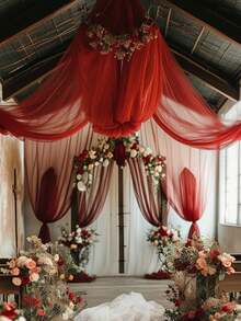 قطعة واحدة من قماش شفاف أحمر للتنسيق، ستائر سقف من الشيفون، ديكور مراسم الزفاف الرومانسية، ستارة من الغاز متعددة الاستخدامات، ديكور حفلات الزفاف في الهواء الطلق، ديكور حفلات استحمام العروس، ديكور استقبال الزفاف، ديكور حفلات أعياد الميلاد، خيوط خلفية لقوس الزفاف، ديكور خلفية الحفلات