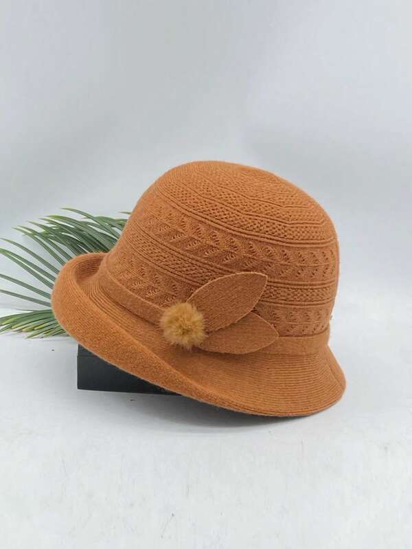 1 Peça Chapéu Balde Feminino de Cor Sólida com Aplique, Novo Boina Elegante e da Moda com Borda Enrolada Tricotada, Chapéu Balde Casual Versátil à Prova de Vento e Frio, Adequado para Uso Diário, Outono/Inverno