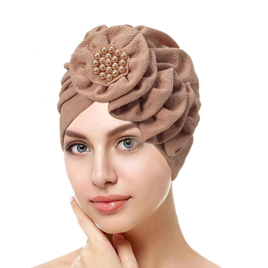 Sombrero turbante elegante con flores y perlas para mujeres 2025 - Gorro elástico suave para quimioterapia, cobertura de cabello para uso diario, pañuelo bohemio vintage para cuidado del cabello y accesorio de fiesta