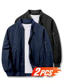 ZUTY 2 PACK Men's Bomber Jacket Lightweight Casual Spring Fall Windbreaker Zip Up Coat With Pocket - 黑色藏青 - 查看 1
