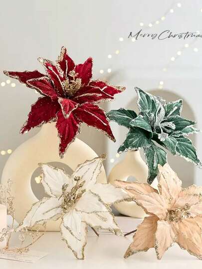 1朵闪亮人造一品红花，带茎，闪光一品红人造花装饰品，圣诞树装饰品，适合DIY节日装饰，可用于圣诞树、圣诞花环、新年庆祝活动、圣诞派对装饰、婚礼家居装饰、圣诞家居门廊花园庭院等（红色）圣诞装饰房间装饰冬季圣诞装饰家居圣诞礼物圣诞装饰