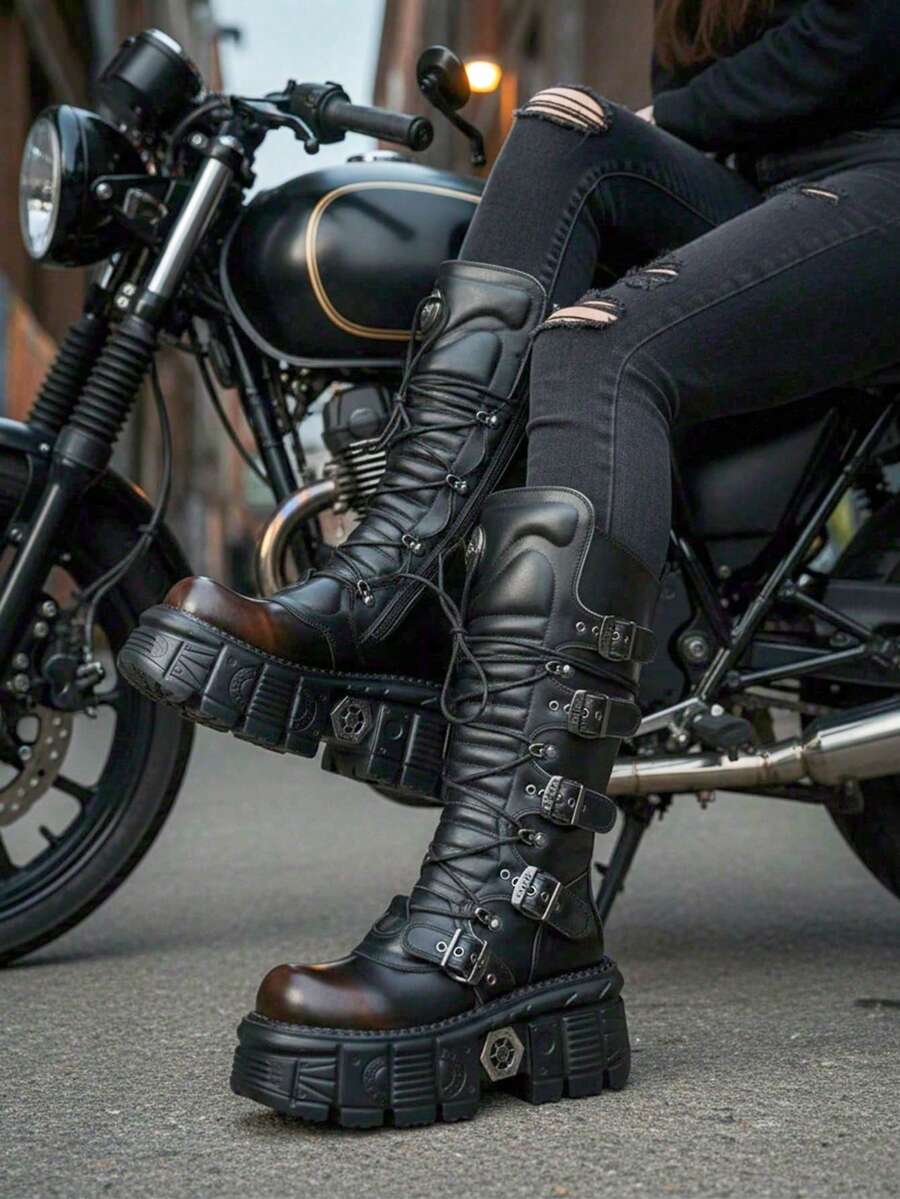 2025 New Fall/Winter Punk Mid Length Boots For Women Round Toe Solid Color Lace Up Thick Sole Thick Heel Fashionable Outdoor Party Boots Halloween Easter Street Style Motorcycle Shoes - màu nâu - Xem 1