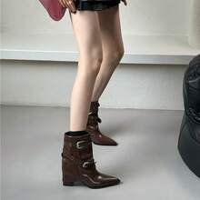 Bottines à talons hauts, talon épais, bout pointu, bottes courtes pour femmes, automne et hiver, nouvelles bottes à rivets avec boucle de ceinture et manches à la mode pour femmes - Noir - Voir 3