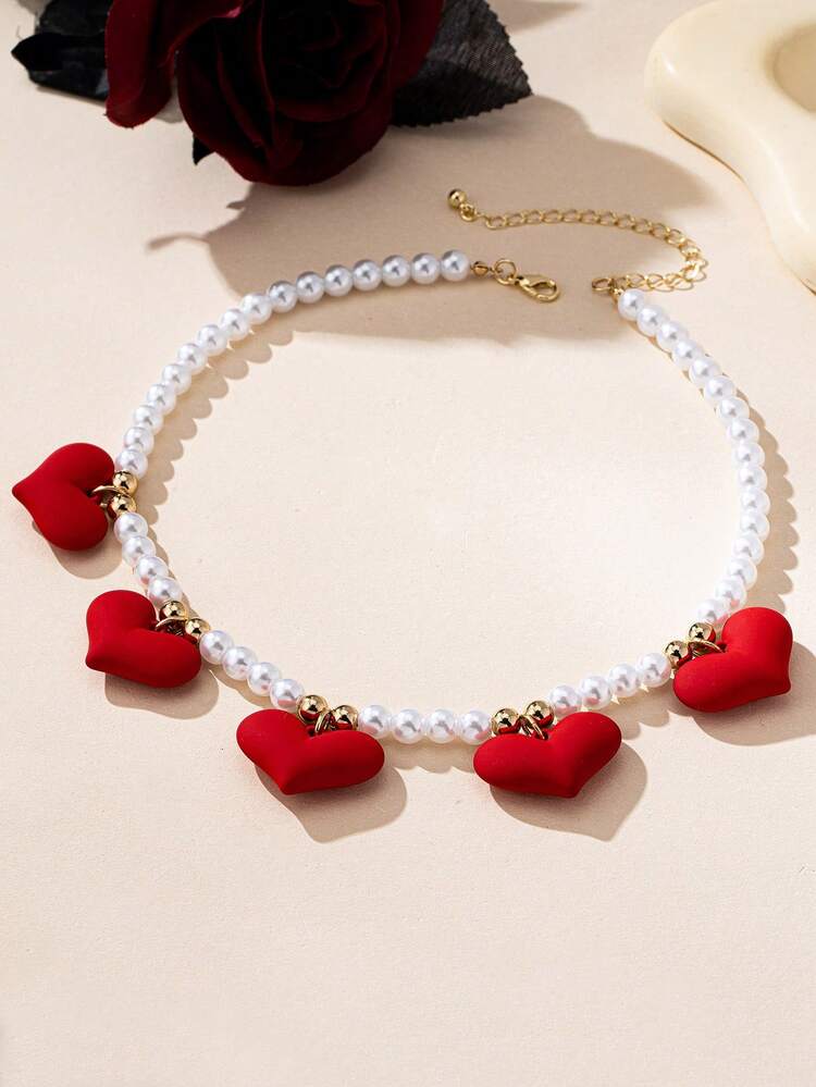 Collar con colgante de corazón rojo de metal con perlas, estilo fashionable y apropiado para uso diario y atuendos festivos, regalo de aretes y collares para mujeres - Rojo - Añade 9