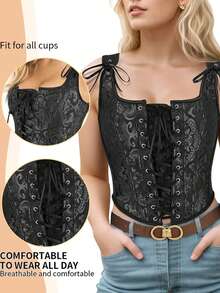 Womens Vintage Asymmetrical Hem Overbust Corset Tie Front Lace-Up Back Bustier Shapewear Top  Pajama Tops - 粉色 - 查看 3