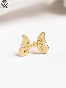 A Pair Of Bespoke Monogrammed Butterfly Wing Stud Earrings, Crafted From Stainless Steel. These Minimalist Butterfly Studs Feature A Distinctive, Understated Design. Perfect As A Gift For Her On Occasions Such As Christmas, Valentine's Day, Birthdays, Or Anniversaries. - Yellow Gold - View 3