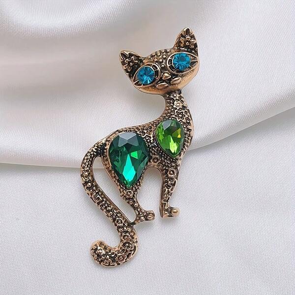 1 Piece Retro Minimalist European-American Style Kitten Brooch Crystal Inlaid Alloy Exquisite Craftsmanship Fashion Personality Animal Corsage Accessory For Daily Wear Gift Teens Women