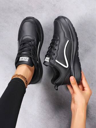 1 双女式厚底休闲运动鞋，时尚轻便低帮皮革系带跑步鞋