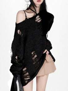小众不对称肩部休闲宽松针织衫套装，女士秋季做旧镂空长袖上衣，黑色，春季款 - 黑色 - 查看 2