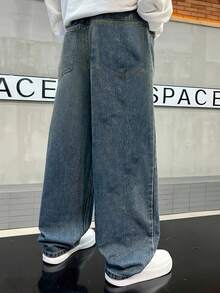 Older Teen Boy/Teens Boys' Relaxed Fit Straight Leg Washed Denim Jeans, Casual High Street Style, Spring/Autumn