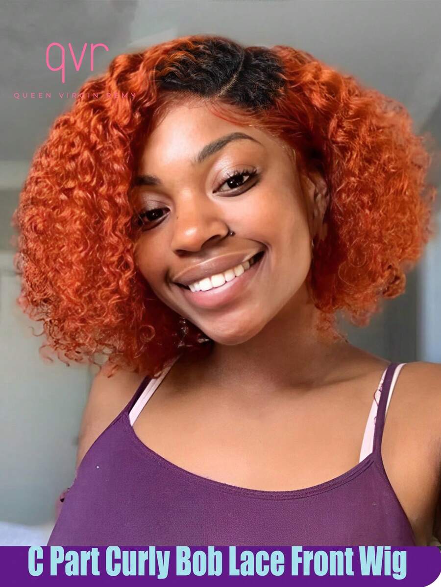 QVR QUEEN VIRGIN REMY QVR 卷发鲍勃蕾丝前假发 人发渐变橙色 C 部分卷曲鲍勃假发 透明蕾丝假发 150% 密度万圣节假发 - S2/橘色 - 查看 1