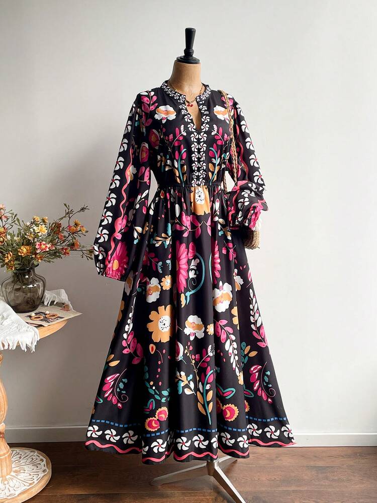 Rusttydustty Black Ditsy Floral V-Neck Long Sleeve High Waist Dress, Autumn/Winter - Black - View 5