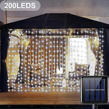 Cortina de luz solar LED para exterior, guirlanda com 8 modos, luz de corda de fada solar, 100 LEDs, 200 LEDs, 300 LEDs, luz de corda de fio de cobre solar, pavilhão, jardim, janela, parede, festa de Halloween, casamento, feriado, decoração de Natal, lâmpadas de fio de cobre