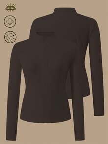 1pc Women Plus Size Thumb Hole Fitted Yoga Fitness Jacket, Suitable For Running And Yoga, All Season - Burgundy - View 4