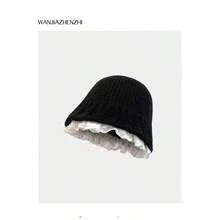 Neue Mode vielseitige minimalistische koreanische Stil Ins Blogger lässige gestrickte Fischerhut für Frauen, süße Spitzenborte schmeichelhafter warmer gestrickter Fischerhut, Herbst/Winter koreanischer Stil gestrickter Hut mit großem Kopfumfang Zubehör für den Winter