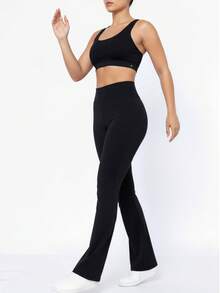 Women's Suplex Flare Pants High Waist Ballerina Bell Bottom Gym Fitness Casual - 黑色 - 查看 7