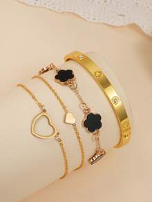 4pcs/Set 3pcs High Quality Cubic Zirconia Bangle, Hollow Clover Heart Decor Multi-Layer Bracelet, Fashionable, Suitable For Women's Party, Gathering, Daily Wear, Festivals And Gifts