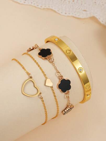 4pcs/Set 3pcs High Quality Cubic Zirconia Bangle, Hollow Clover Heart Decor Multi-Layer Bracelet, Fashionable, Suitable For Women's Party, Gathering, Daily Wear, Festivals And Gifts