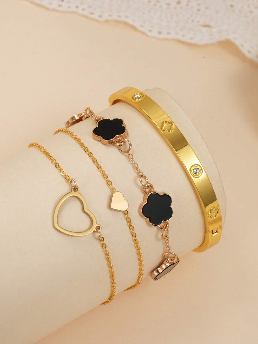 4pcs/Set 3pcs High Quality Cubic Zirconia Bangle, Hollow Clover Heart Decor Multi-Layer Bracelet, Fashionable, Suitable For Women's Party, Gathering, Daily Wear, Festivals And Gifts