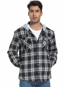 Men's Long Sleeve Plaid Button Quilted Lined Flannel Shirt Jacket With Hoodhalloween - A02 Black Grid - View 9