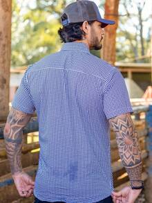 Ultra Jeans Cowboy Country Land Plaid Short Sleeve Shirt - Blue and White - View 6