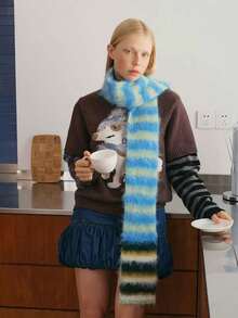 ROMWE Kawaii 韩国设计师撞色条纹针织围巾，保暖条纹羊绒围巾，小众精致柔软针织围脖，时尚街头风女士围巾，秋冬连衣裙搭配 - 彩色 - 查看 2