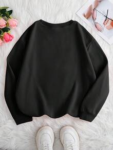 Casual Stylish Minimalist Women'S Long-Sleeve Round-Neck Sweatshirt With Letter Print,Graphic Crew Neck Sweatshirt, Long-Sleeve Pullover Comfy Loose Top (Perfect For Game Day And Valentine's Day) - 黑色 - 查看 2
