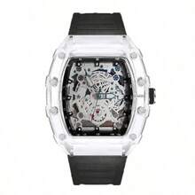 RICHARD Style Skeleton Quartz Watch, Stainless Steel Barrel Unisex Wristwatch With Luminous Hands, Fashion Luxury Design For Men And Women.. - 黑色 - 查看 1