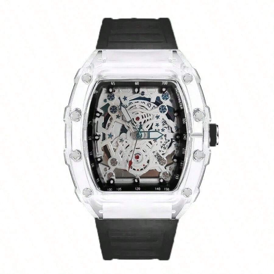 RICHARD Style Skeleton Quartz Watch, Stainless Steel Barrel Unisex Wristwatch With Luminous Hands, Fashion Luxury Design For Men And Women.. - 黑色 - 查看 1