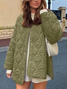 Women's Solid Color Single-Breasted Long Sleeve Quilted Casual Winter Jacket - Army Green - View 5