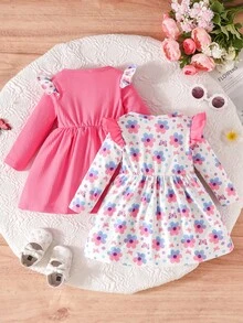 2 Stücke/Set Baby Mädchen Blume Muster Langarm Kleid mit Schleife, eleganter College-Stil