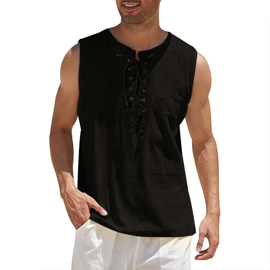 男式海盗文艺复兴维京蒸汽朋克中世纪哥特凯尔特无袖衬衫野蛮人上衣 T 恤 - 黑色 - 查看 1