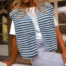 时尚优雅的条纹毛绒夹克，秋季 - 藍色 - 查看 3