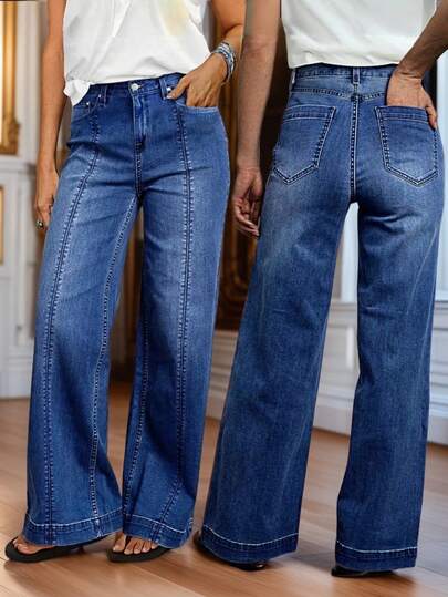 Women's Plain Zipper Pocket Button Jeans, Casual Wear