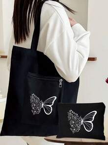 Grand sac à main imprimé papillon, sac à cosmétiques, sac à main en canevas décontracté pour femmes, convient pour les vacances, la vie quotidienne, un excellent cadeau pour les femmes, les mères, les enseignantes, les amies, les demoiselles d'honneur, grand sac, étudiant, rentrée scolaire, sac de rangement décontracté portable, sac de courses multifonction